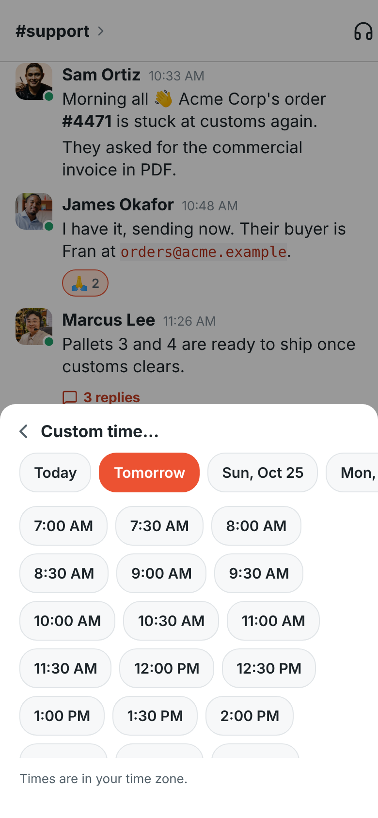 Custom time: Tomorrow picked, and the half hours from 7 AM to choose from