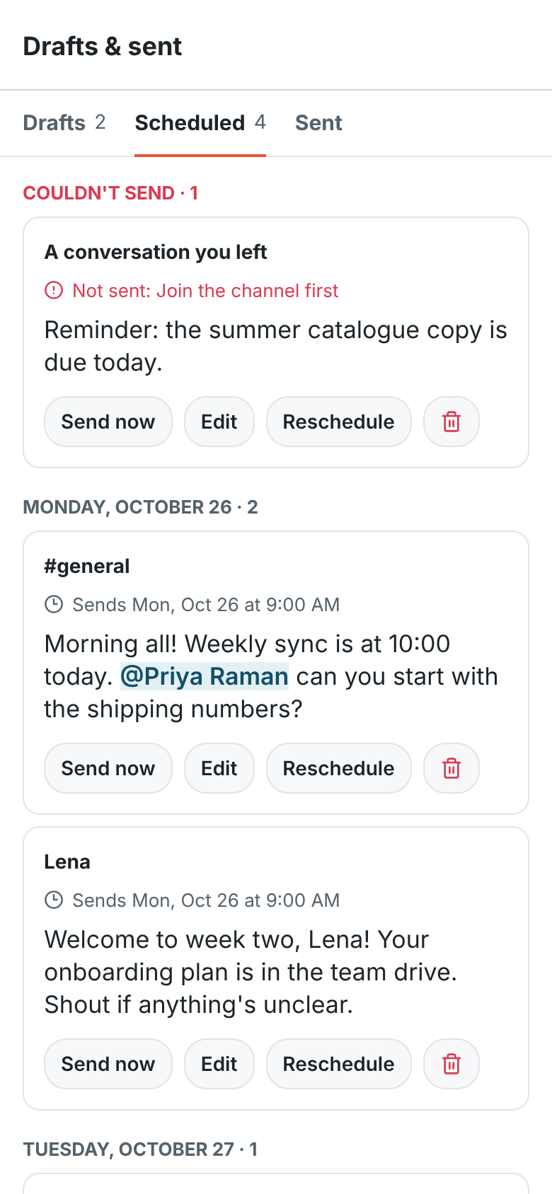 Scheduled messages on the phone: one that couldn’t be sent, then messages for Monday and Tuesday