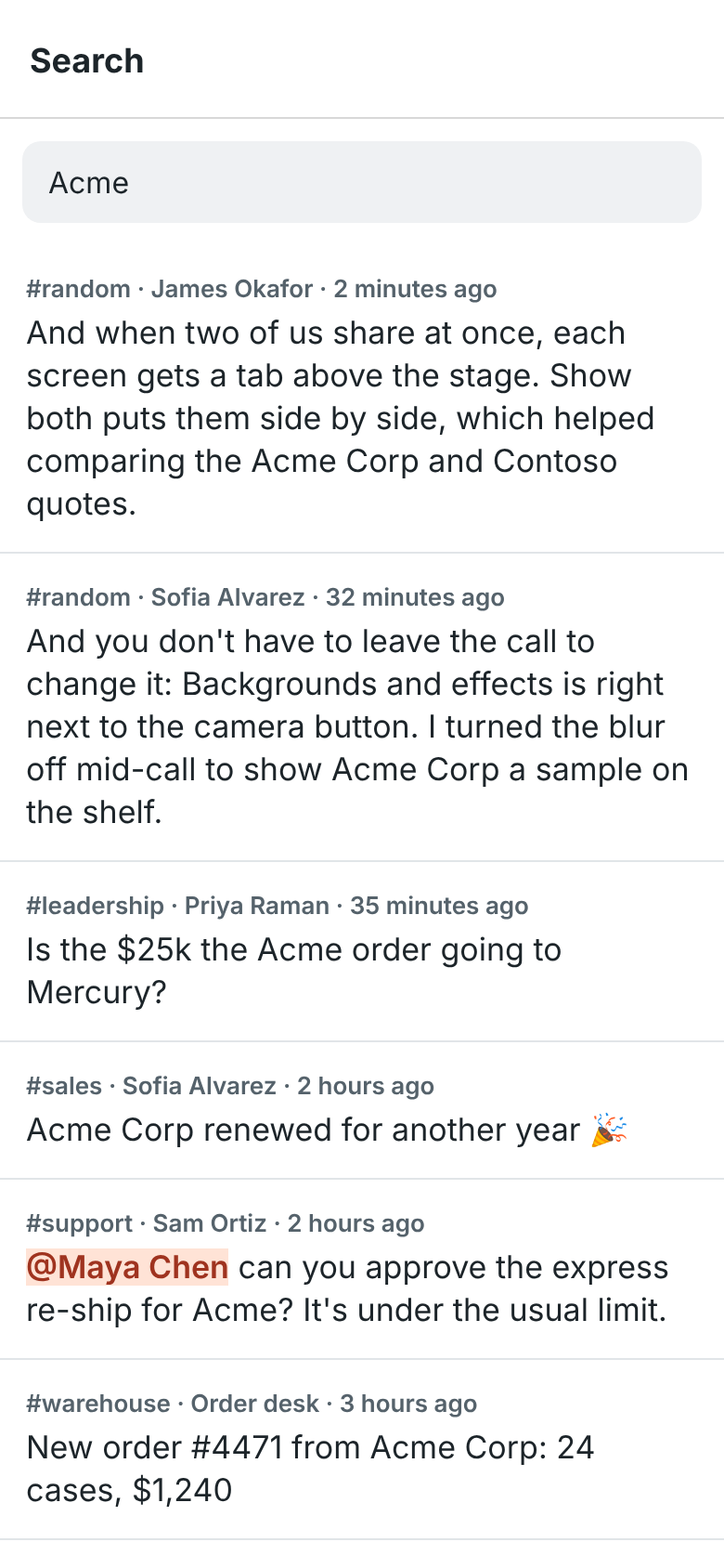 Search results for Acme in #support and #sales