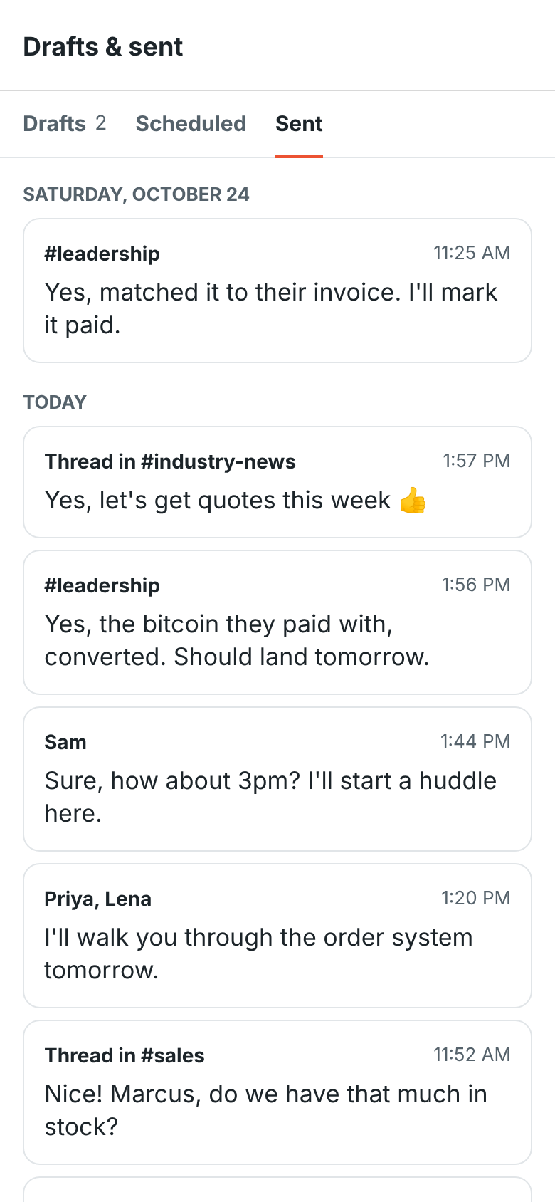 The Sent tab on the phone: today’s messages and replies in a DM with Sam, threads in #sales and #support, and #spring-launch