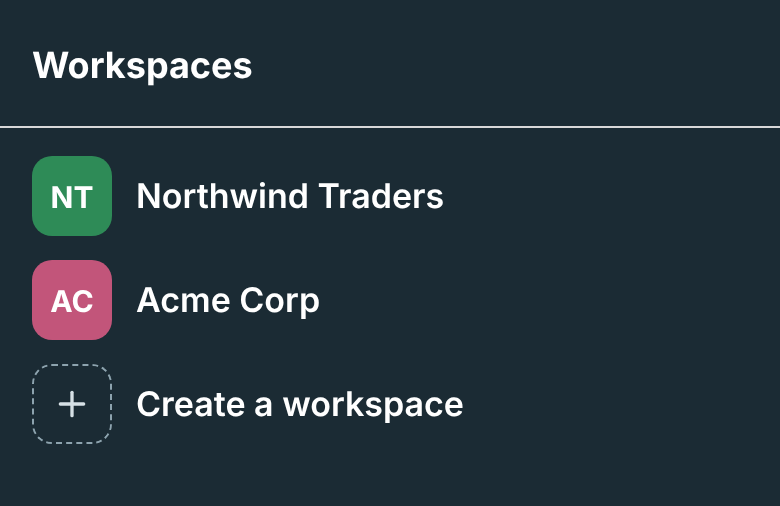 The workspace switcher with Northwind Traders and Acme Corp