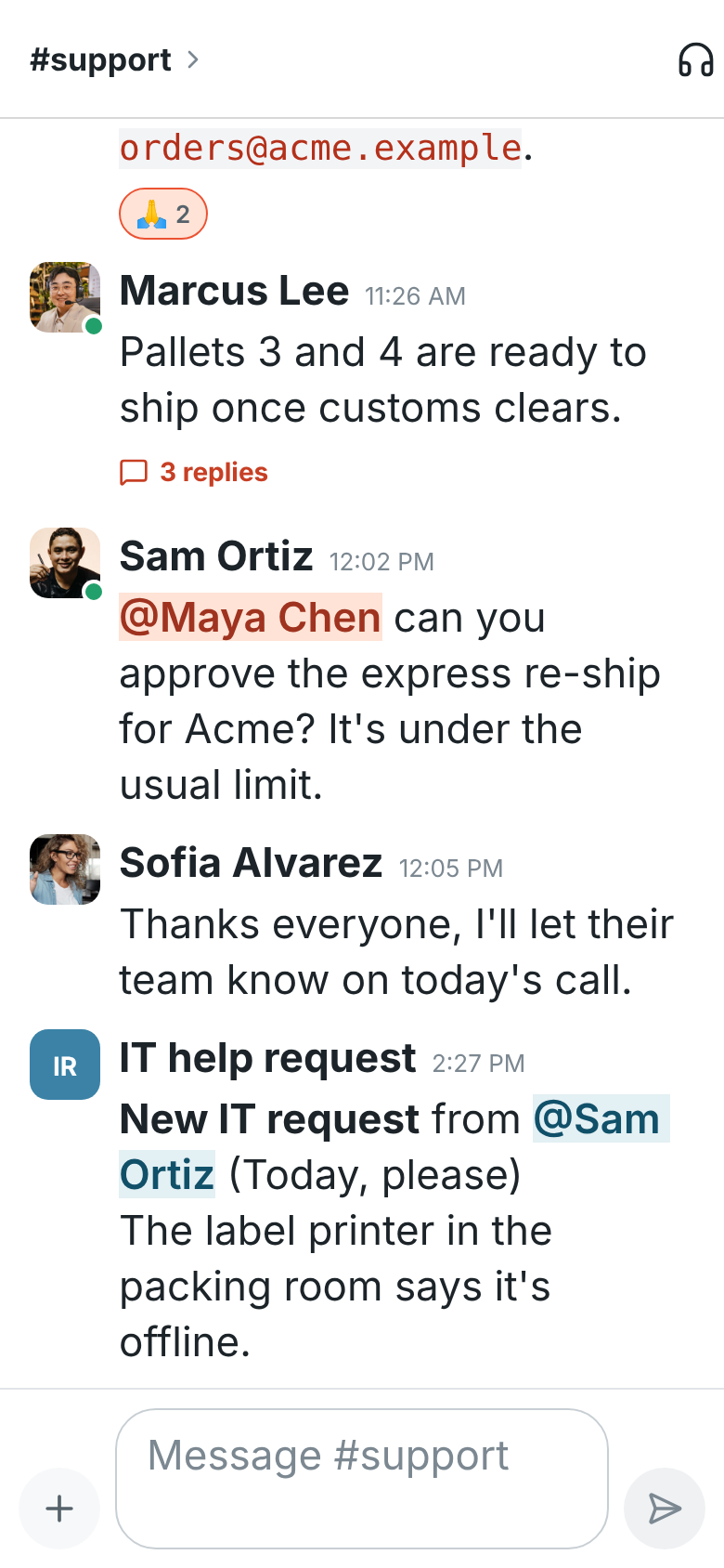 A conversation in #support with Text size set to Extra large