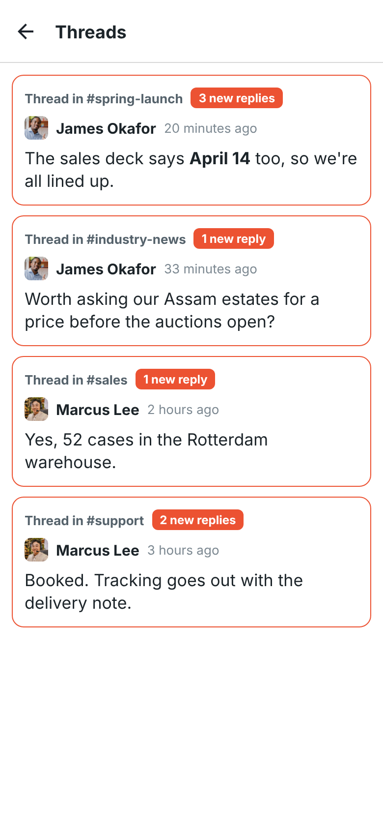 Threads on a phone: the latest replies in threads in #sales, #support and #spring-launch, each outlined with how many replies are new