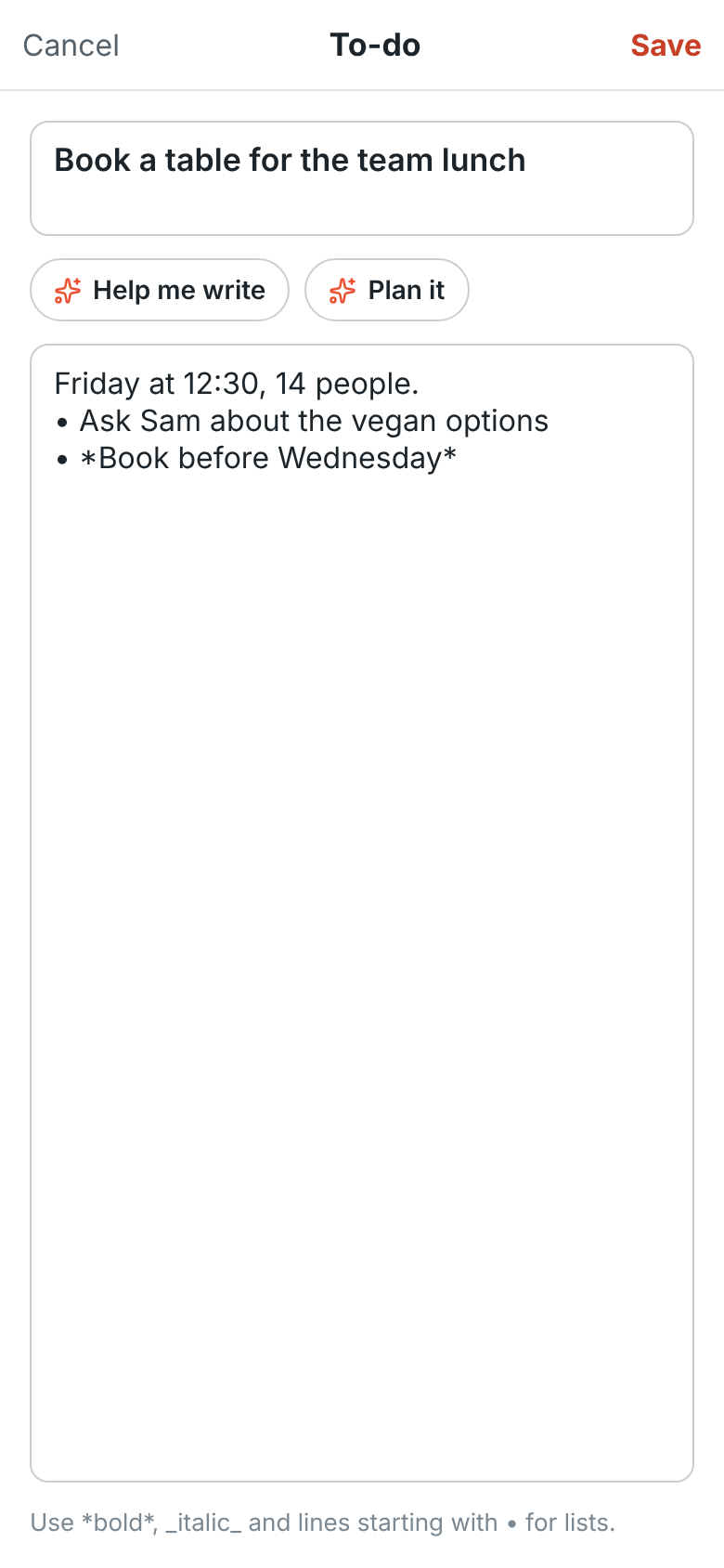 Editing a to-do on the phone: its title, notes with a short list, and Cancel and Save at the top