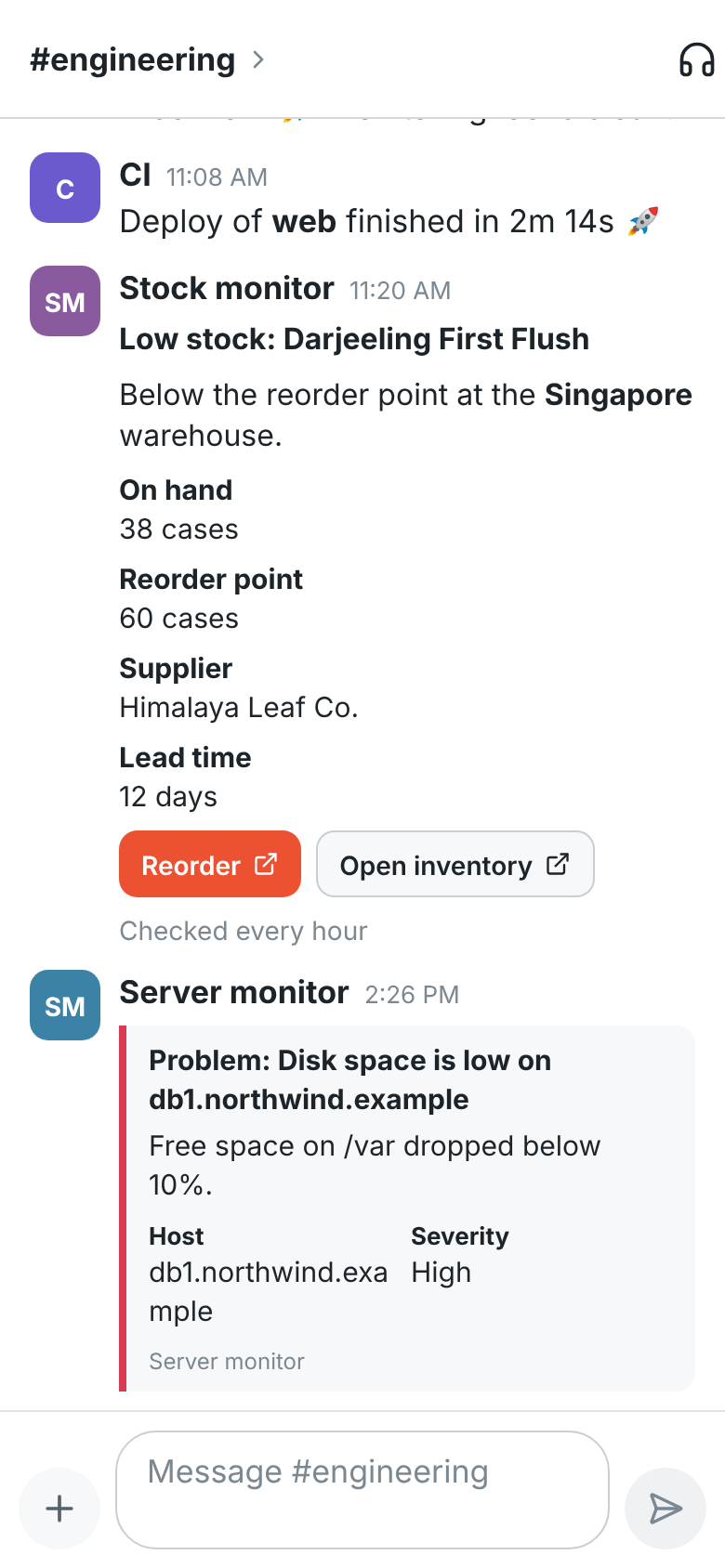 #engineering with a stock warning card with Reorder and Open inventory buttons, and a red disk space alert