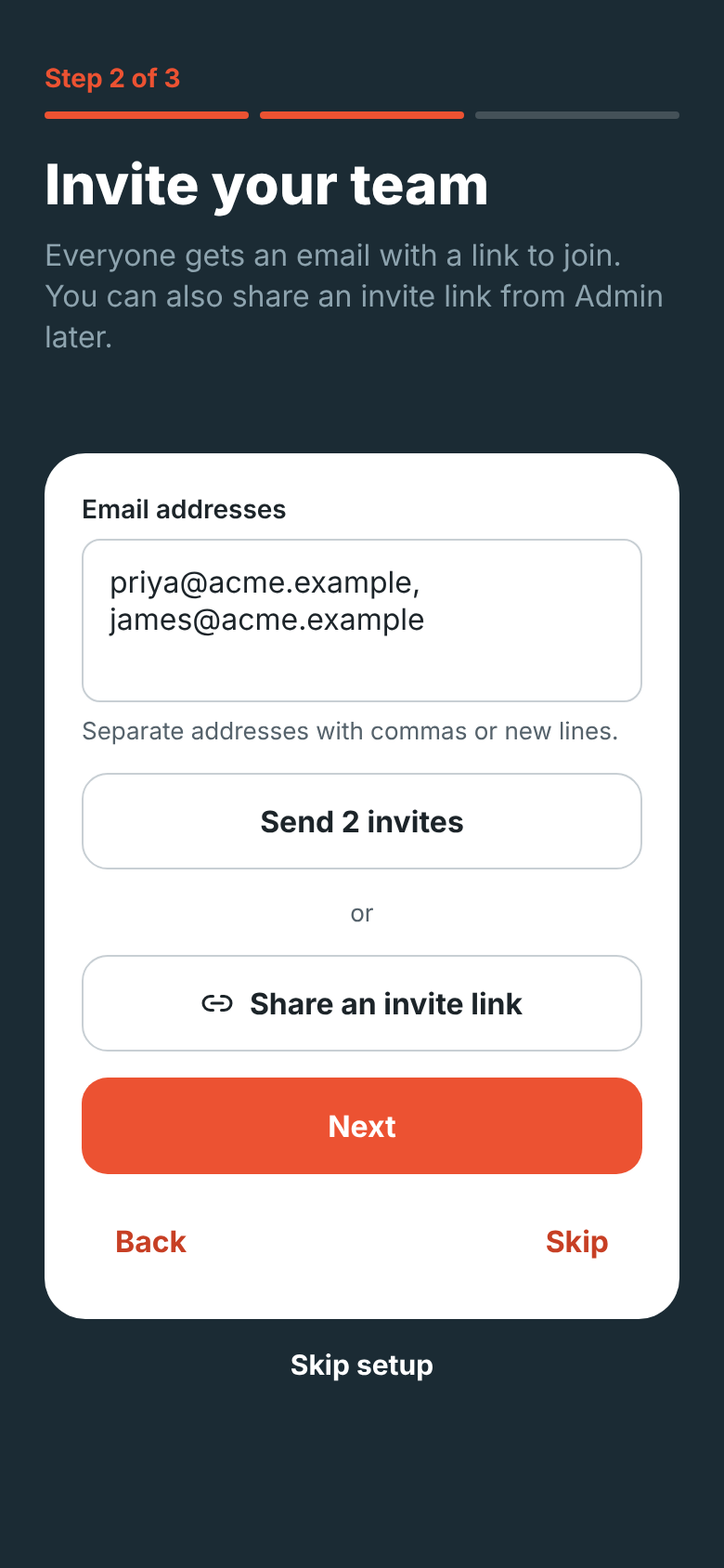 Step 2 of 3 on the phone: invite your team by email or share an invite link