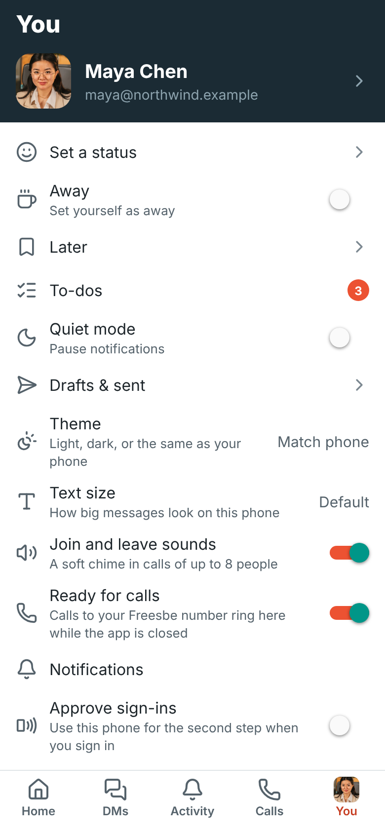 You, with Ready for calls switched on: calls to your Freesbe number ring here while the app is closed