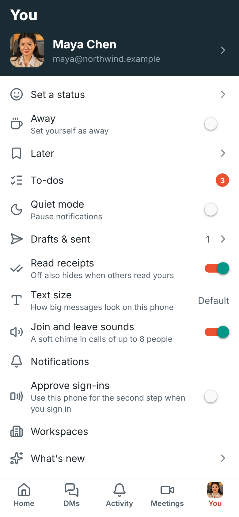 The You tab with Read receipts turned on