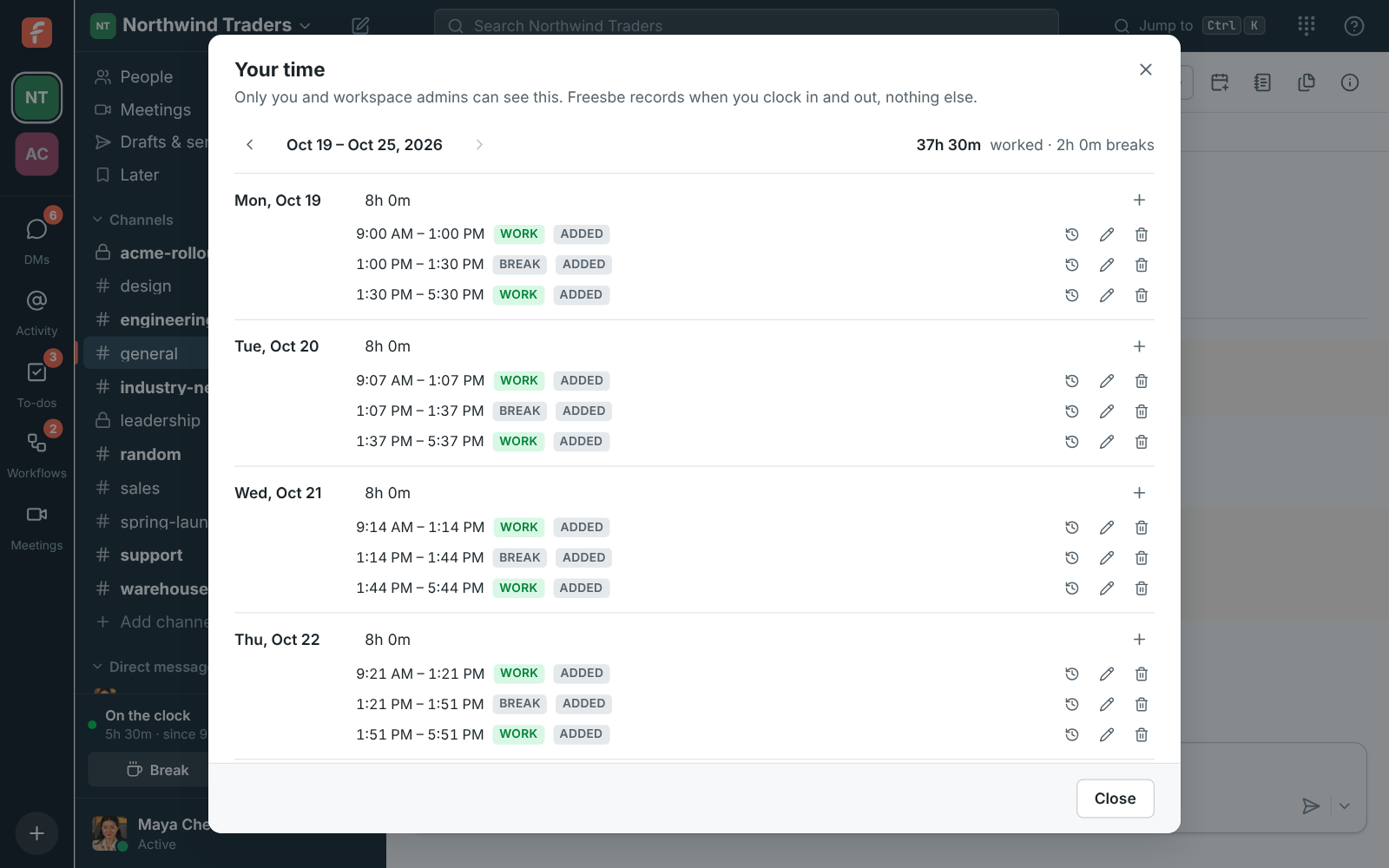 Your time: a week of work and break entries with daily totals