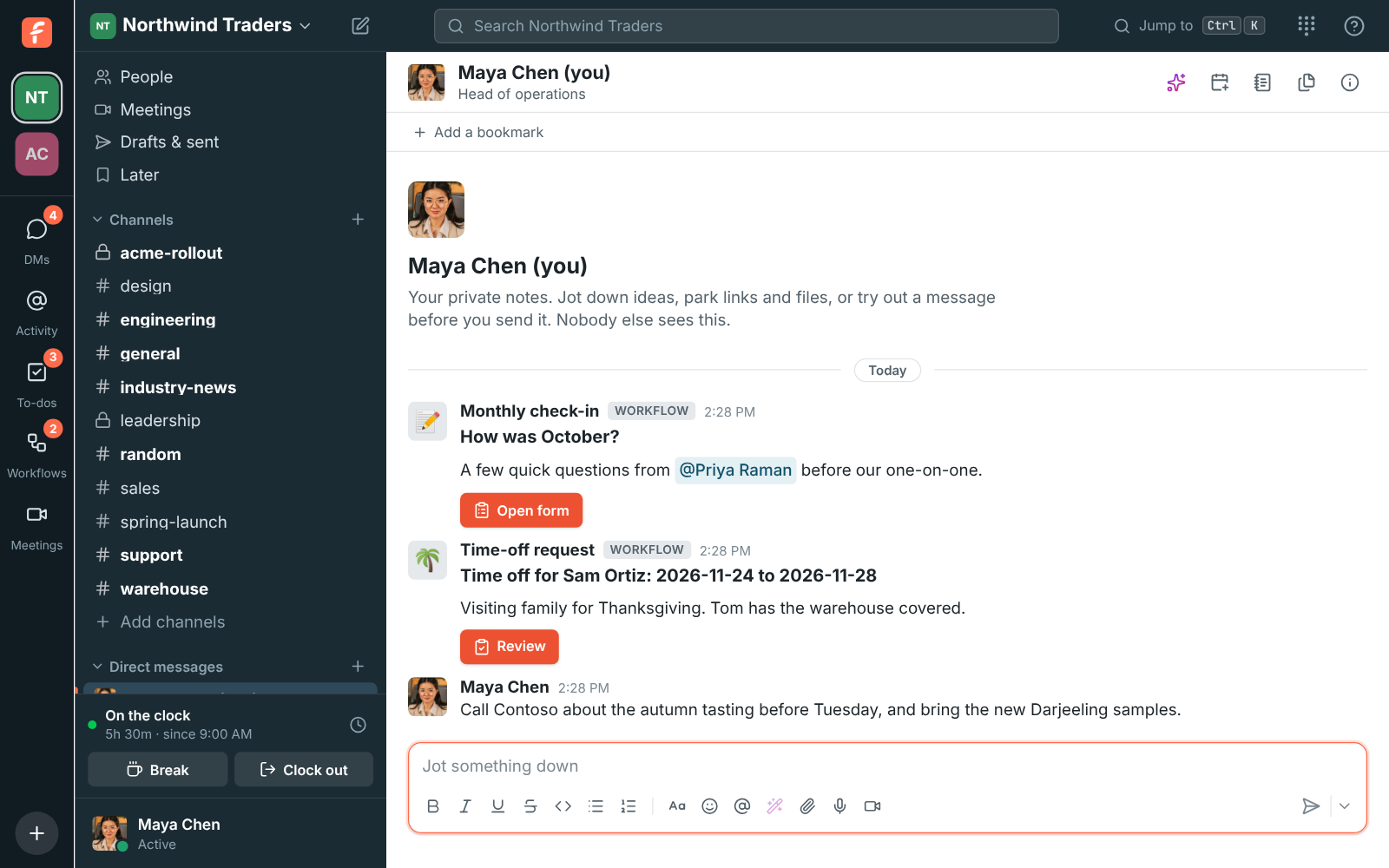Maya’s DM with herself, with a reminder to call Contoso about the autumn tasting