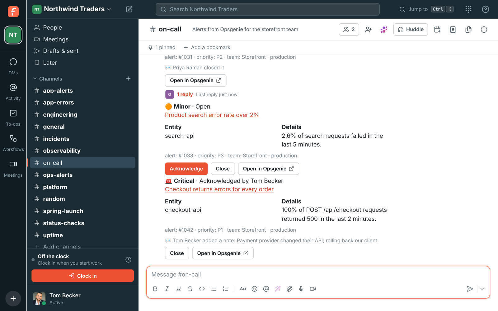 #on-call with Opsgenie alerts: a P1 checkout alert Tom acknowledged with a note, an open search alert, and a closed payments alert