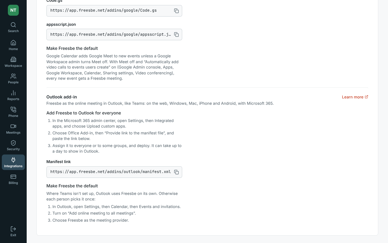 Admin Center, Integrations, Calendar: the Outlook add-in switch, the steps for the Microsoft 365 admin center and the manifest link
