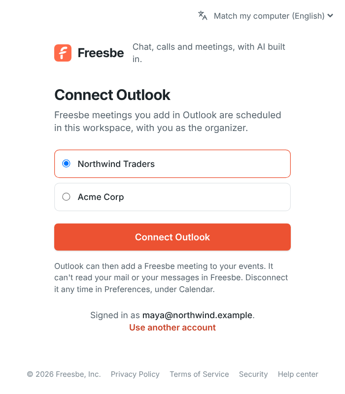 Connect Outlook: the workspace Northwind Traders, a Connect Outlook button, and what Outlook can and can’t do