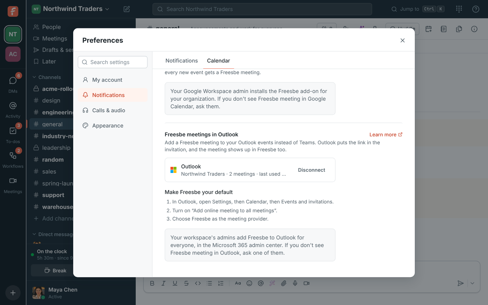 Preferences, Calendar: Freesbe meetings in Outlook, connected to Northwind Traders, with the steps to make Freesbe your default