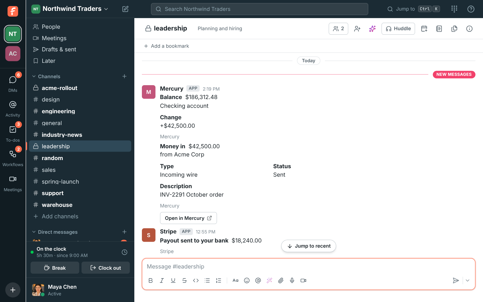 Payment alerts for deposits and payouts posted into a finance channel