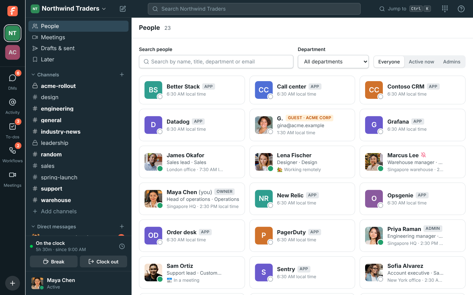 The People directory with each person’s title, status and local time