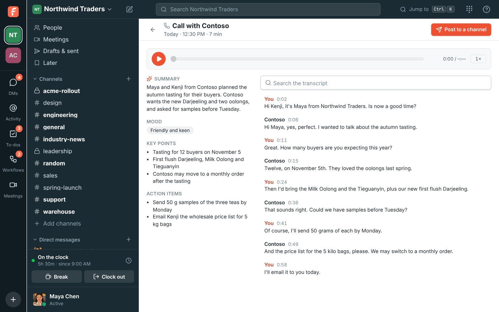 A call’s notes in Freesbe: the summary, key points and action items, and every line of the call with the recording to play