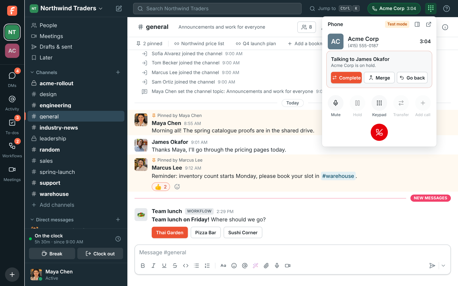 Talking to a colleague first: the customer is on hold, with Complete, Merge and Go back