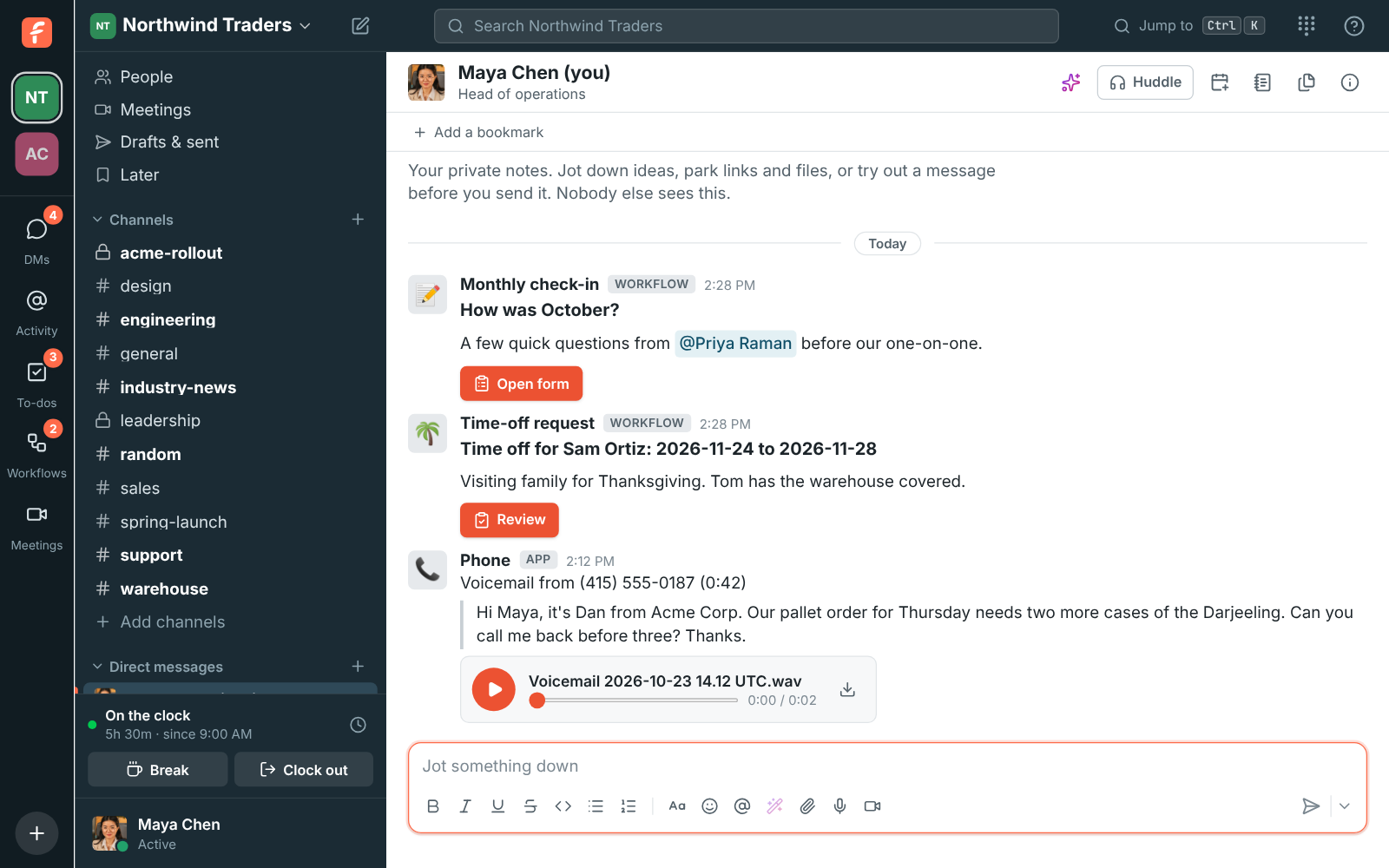 A voicemail in Freesbe: a message from Phone saying who called and for how long, what they said, and the recording to play