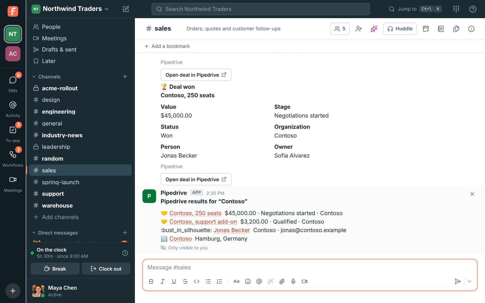 The answer to /pipedrive Contoso, only visible to Maya: two deals, a person and the organization