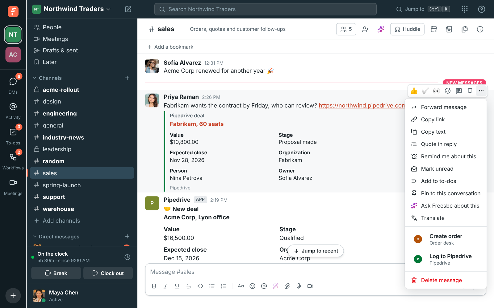 A message’s More actions menu with Log to Pipedrive under the Pipedrive app