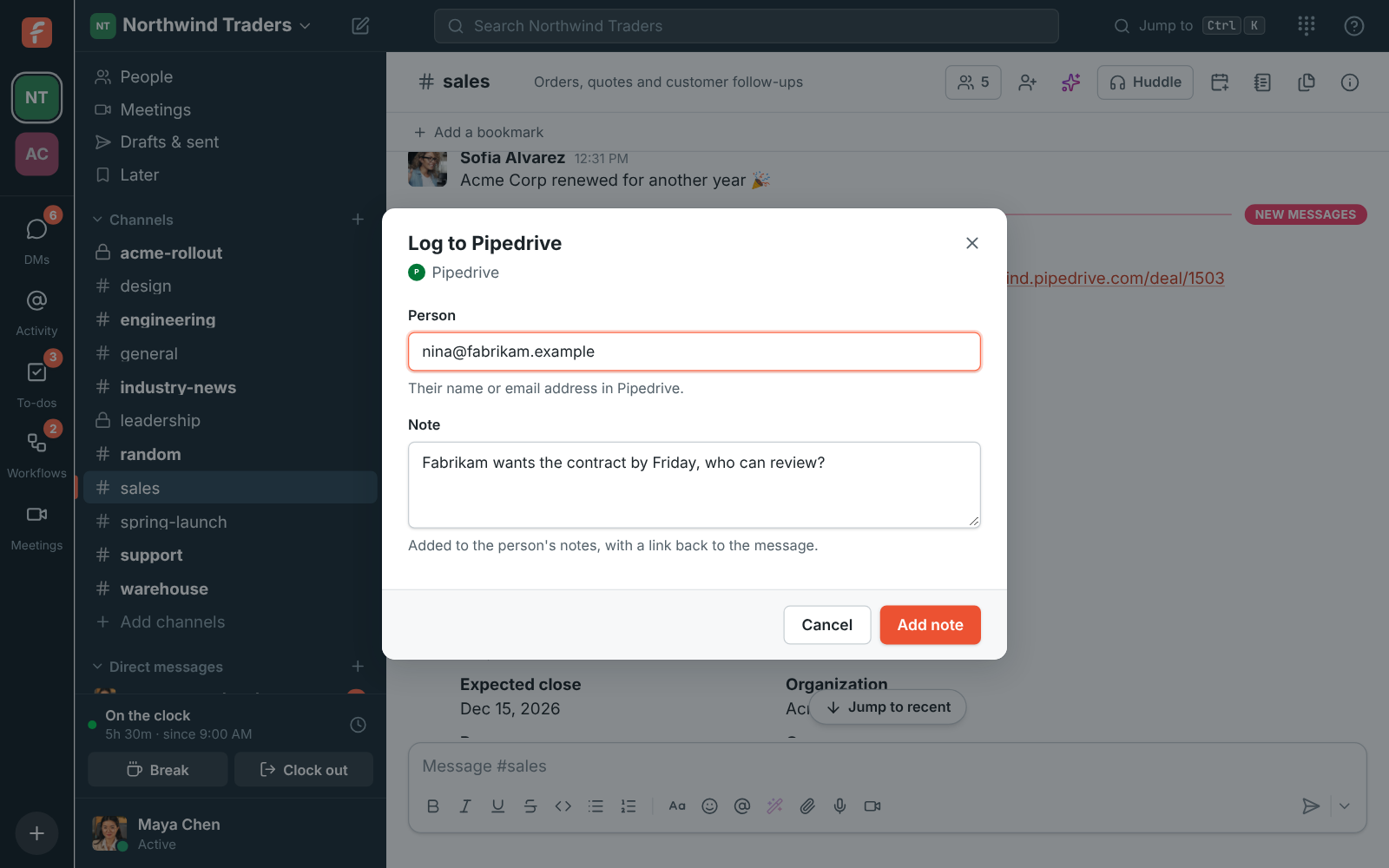Log to Pipedrive: the person’s email address and the note