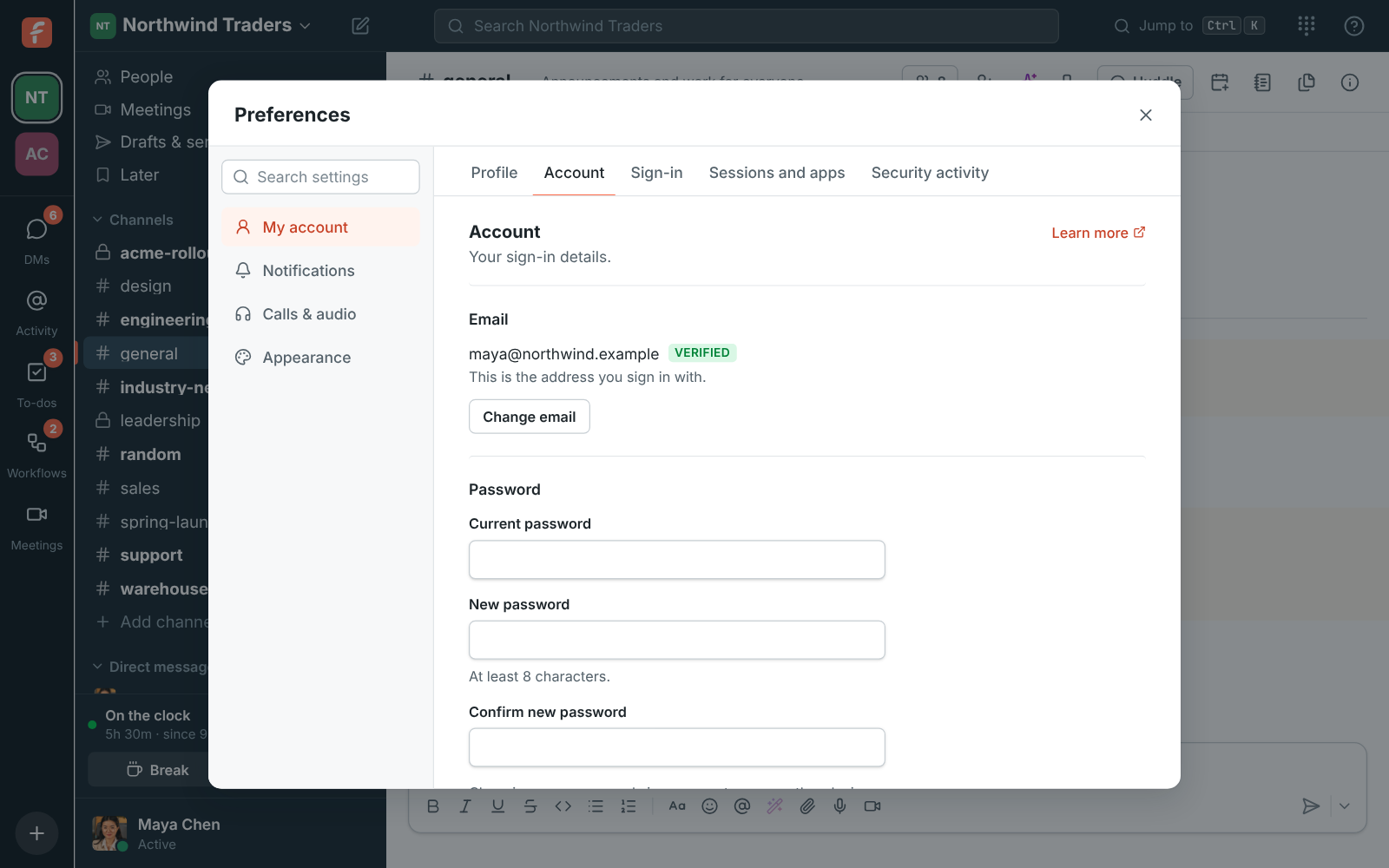 Preferences, My account: the Account tab with your sign-in email and password