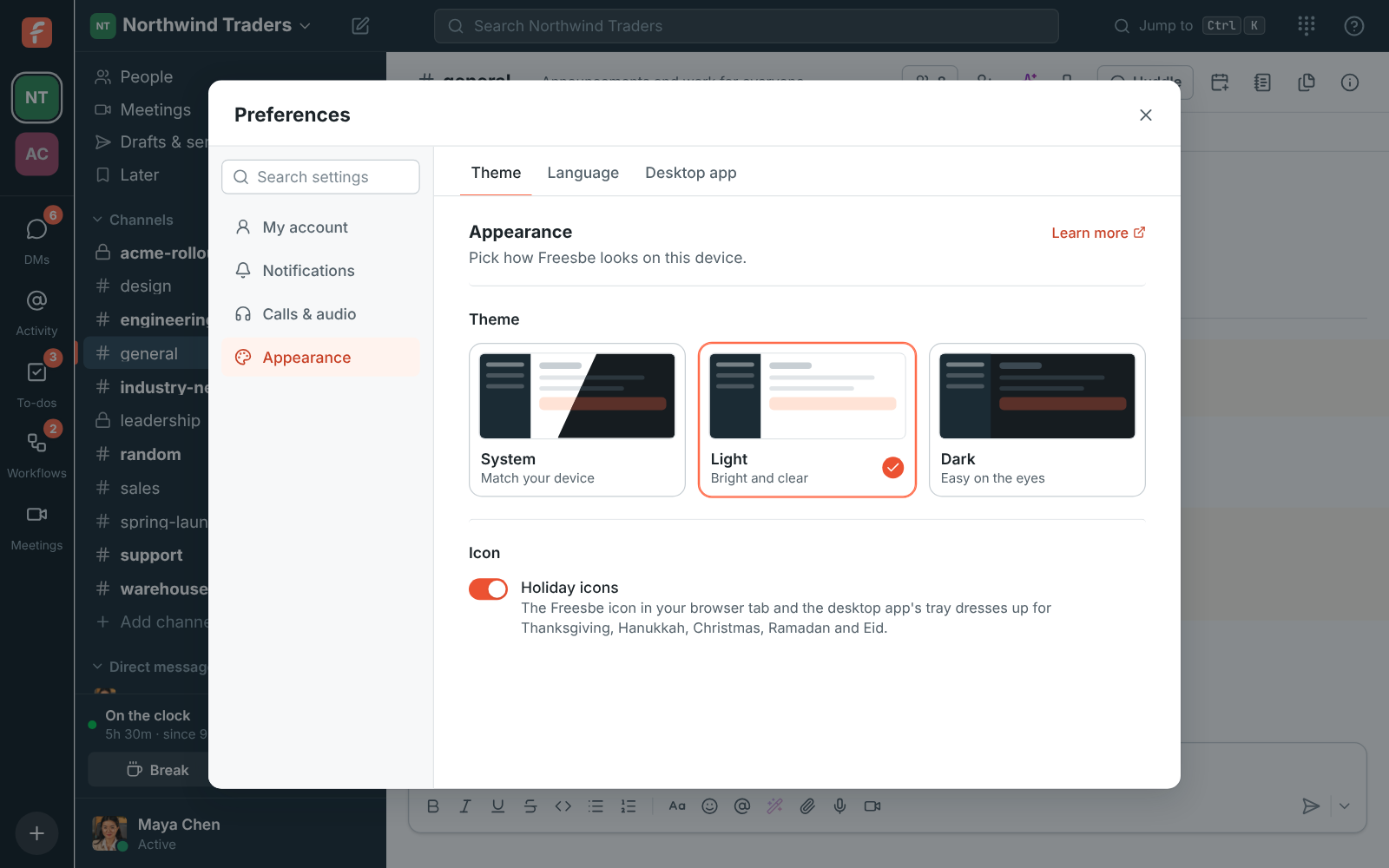 Preferences, Appearance: System, Light or Dark theme