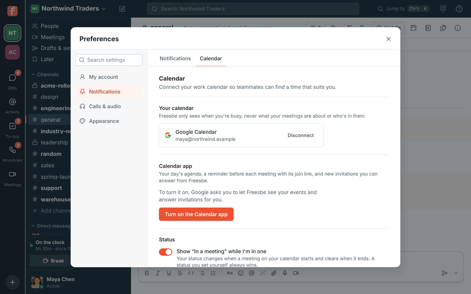 Preferences, Calendar: a connected Google calendar and the In a meeting setting