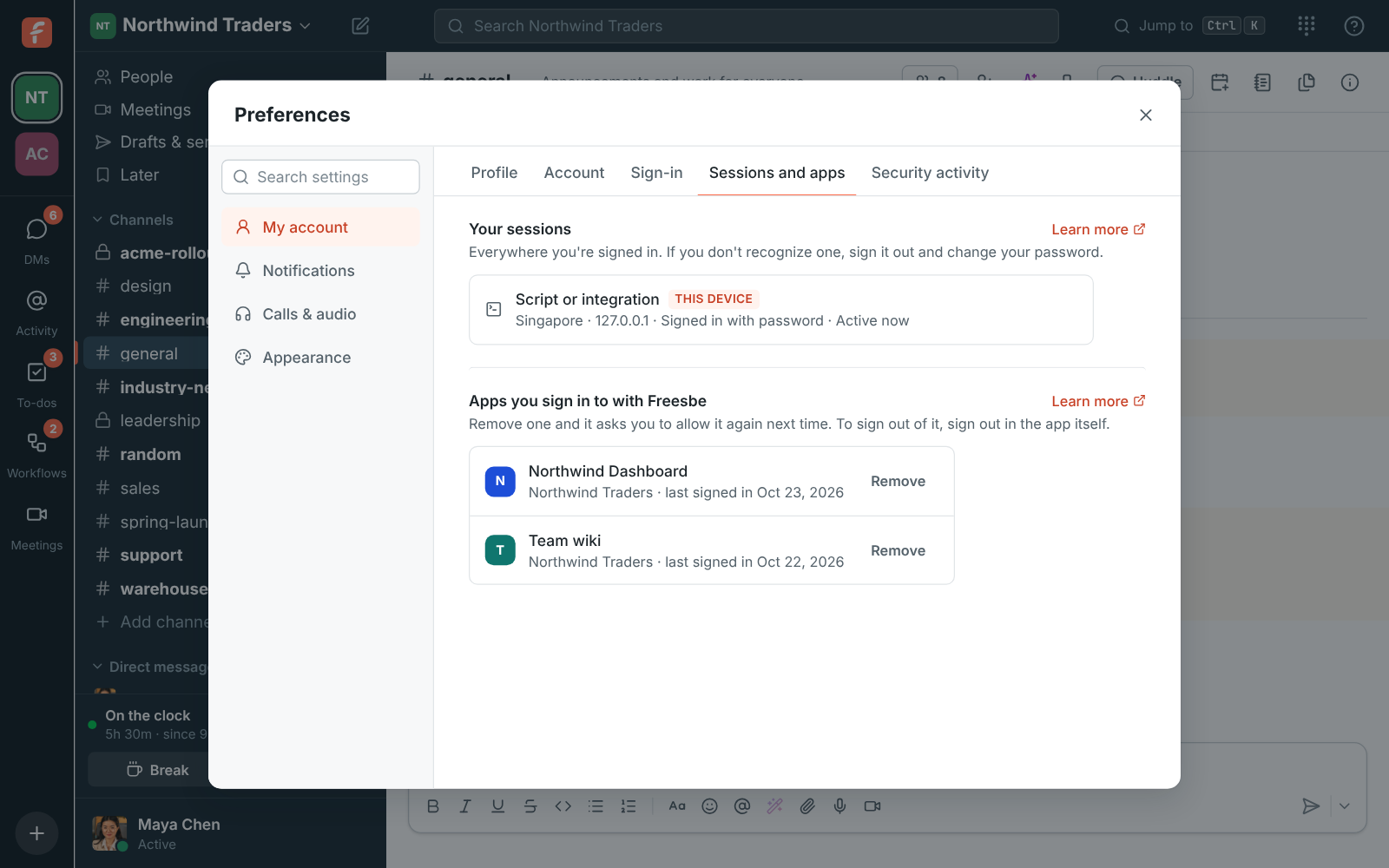 Preferences, My account, Sessions and apps: Apps you sign in to with Freesbe, with Northwind Dashboard and a Remove button