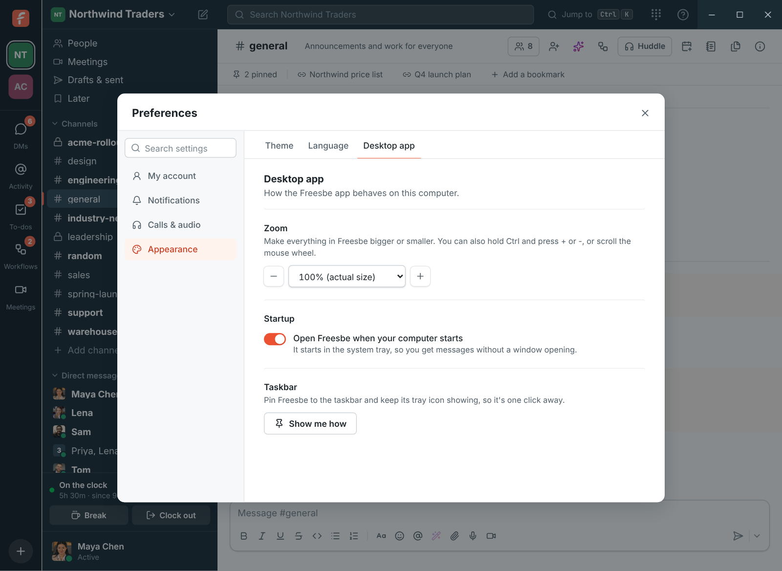 Preferences, Desktop app: Zoom, open Freesbe when your computer starts, and Show me how to pin it