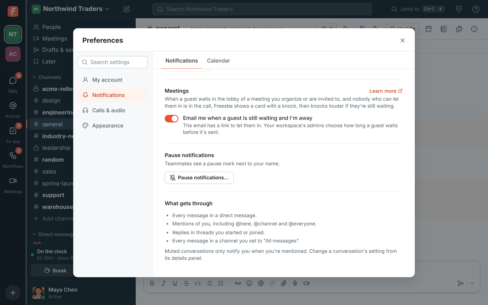Preferences, Notifications, Meetings: Email me when a guest is still waiting and I’m away