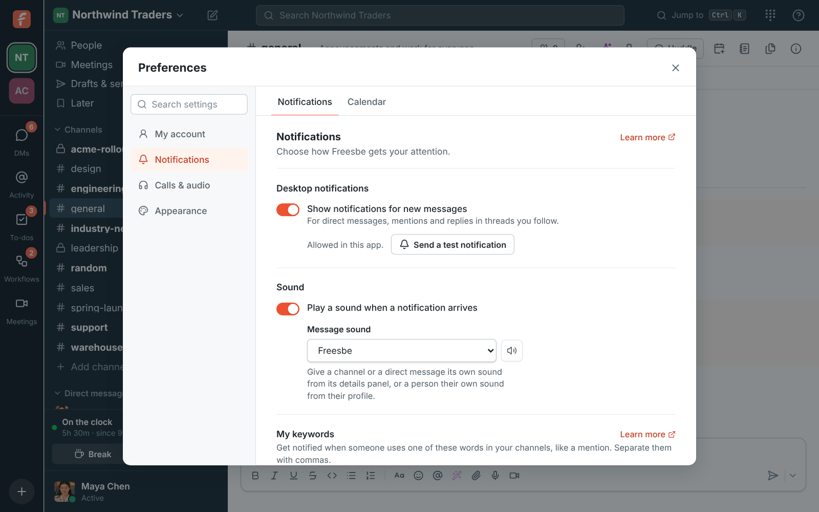 Preferences, Notifications: desktop notifications, the message sound and pausing