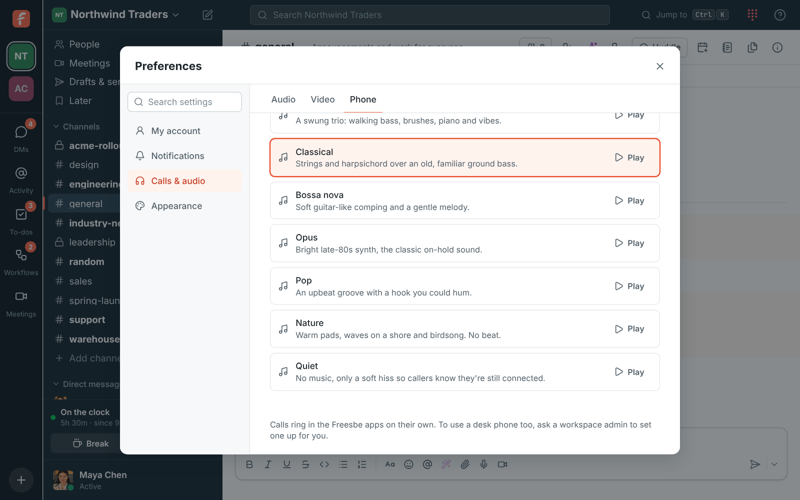 Preferences, Phone on the phone system from Freesbe: music on hold, and a note that calls ring in the Freesbe apps and an admin sets up desk phones