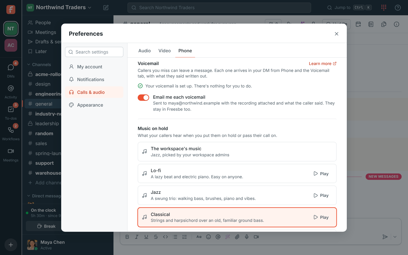 Preferences, Phone: Voicemail is set up, with Email me each voicemail turned on, sent to maya@northwind.example with the recording attached