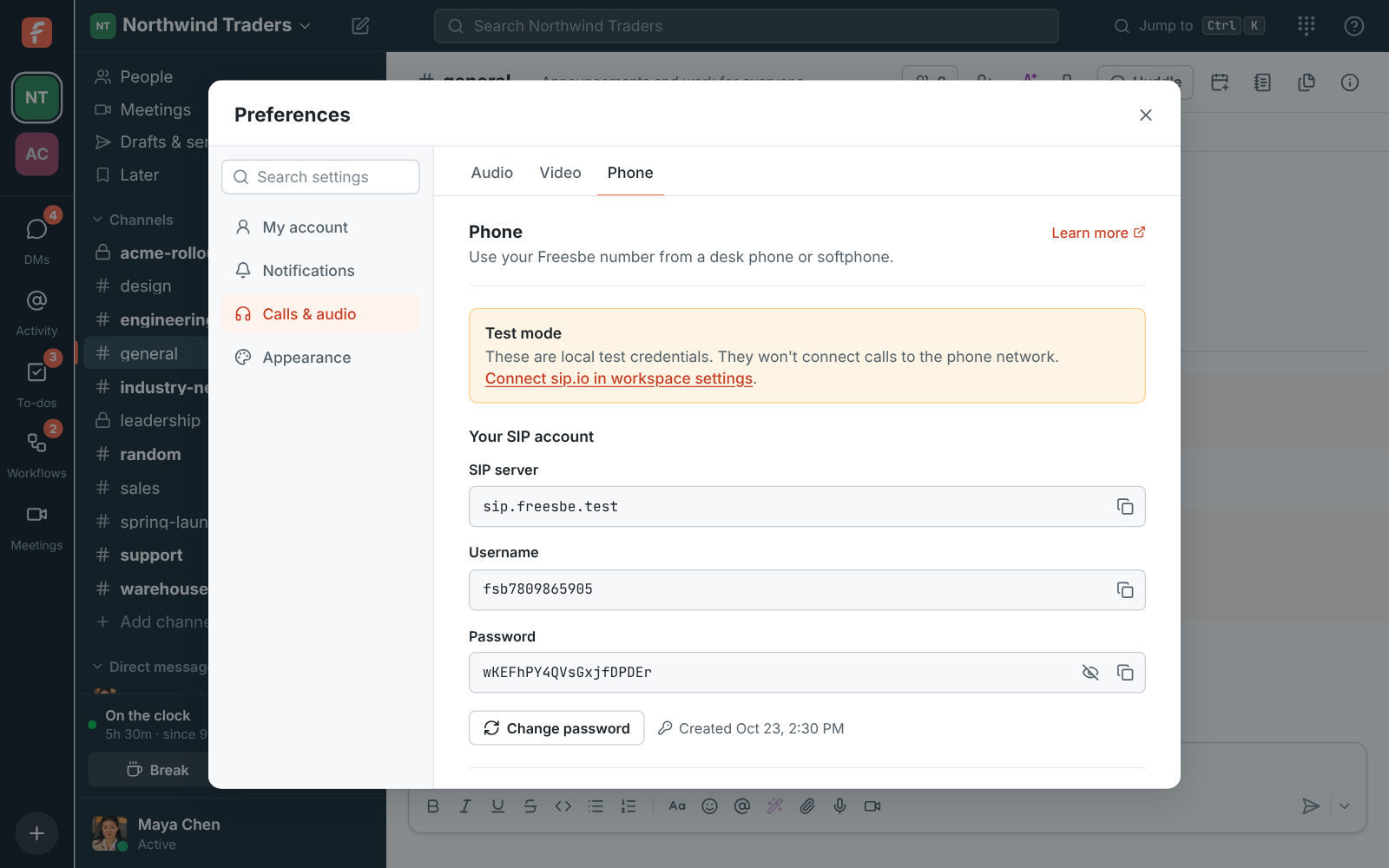 Preferences, Phone: the SIP server, username and password for your desk phone or softphone