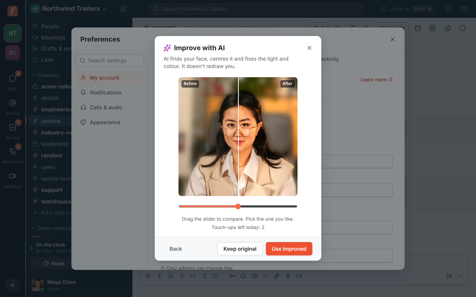 Improve with AI: before and after with a slider, Use improved and Keep original