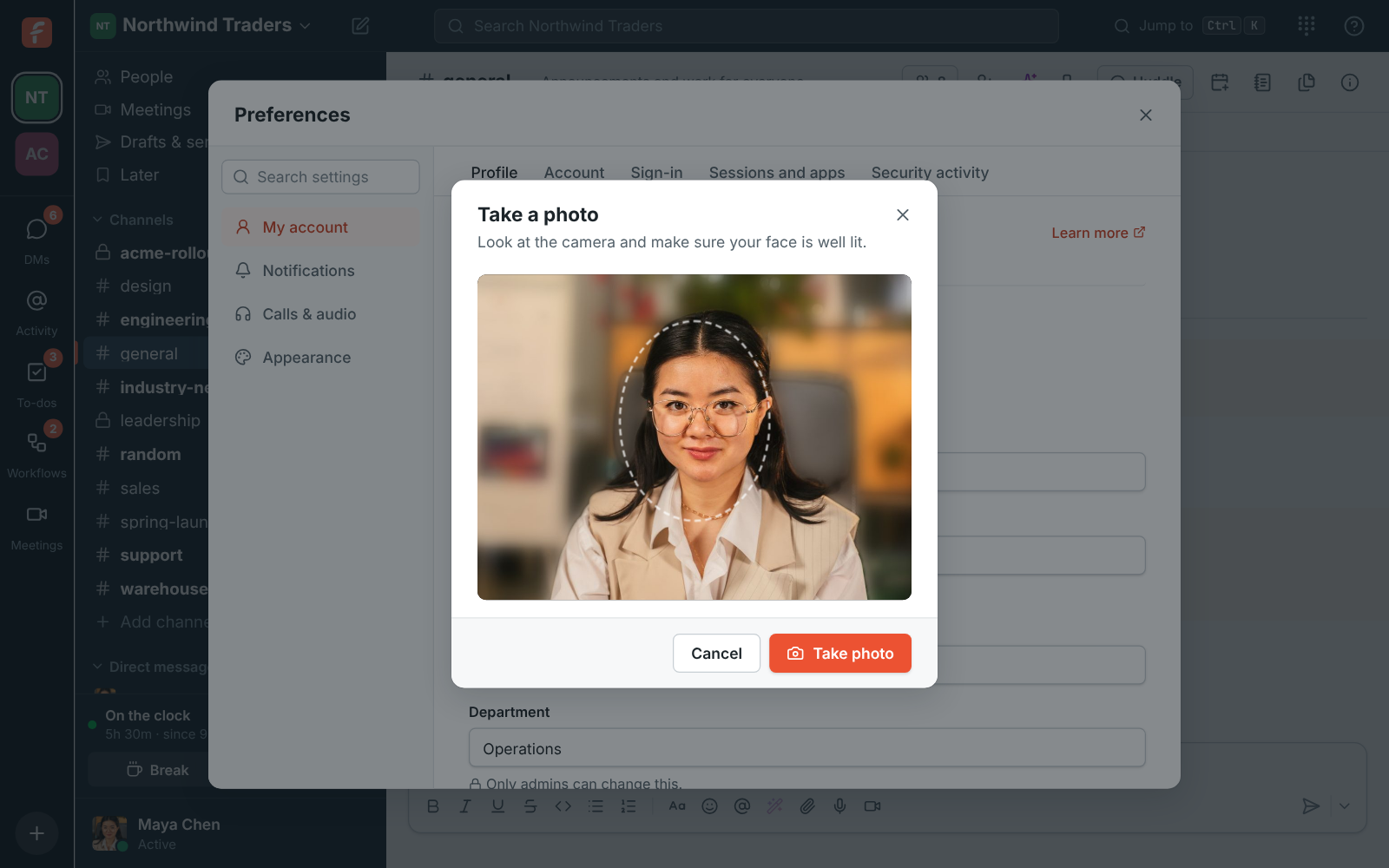 Take a photo: the camera preview with an oval to line your face up, and Take photo
