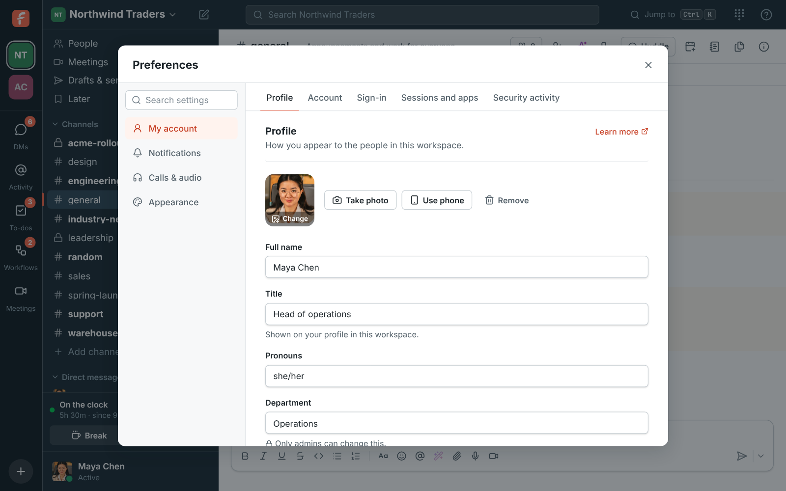 Preferences, Profile: picture, full name, title, pronouns, department, location, manager, phone and time zone