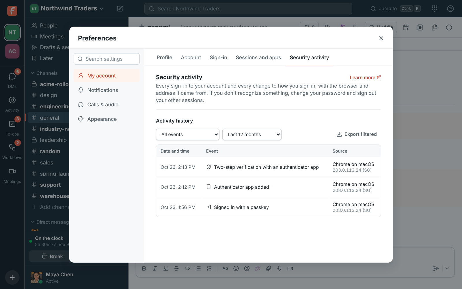Preferences, Security activity: Maya’s sign-in with a passkey, her new authenticator app and her two-step verification, each with Chrome on macOS and her address in Singapore