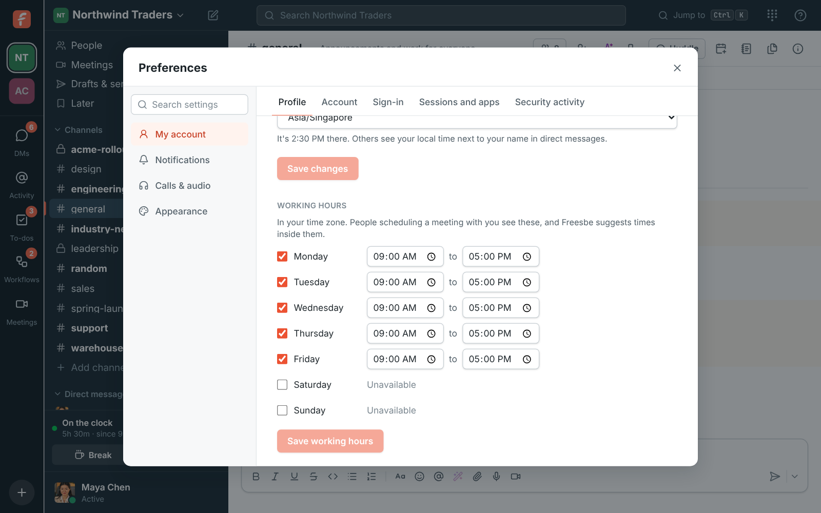 Preferences, Profile: working hours for each day of the week