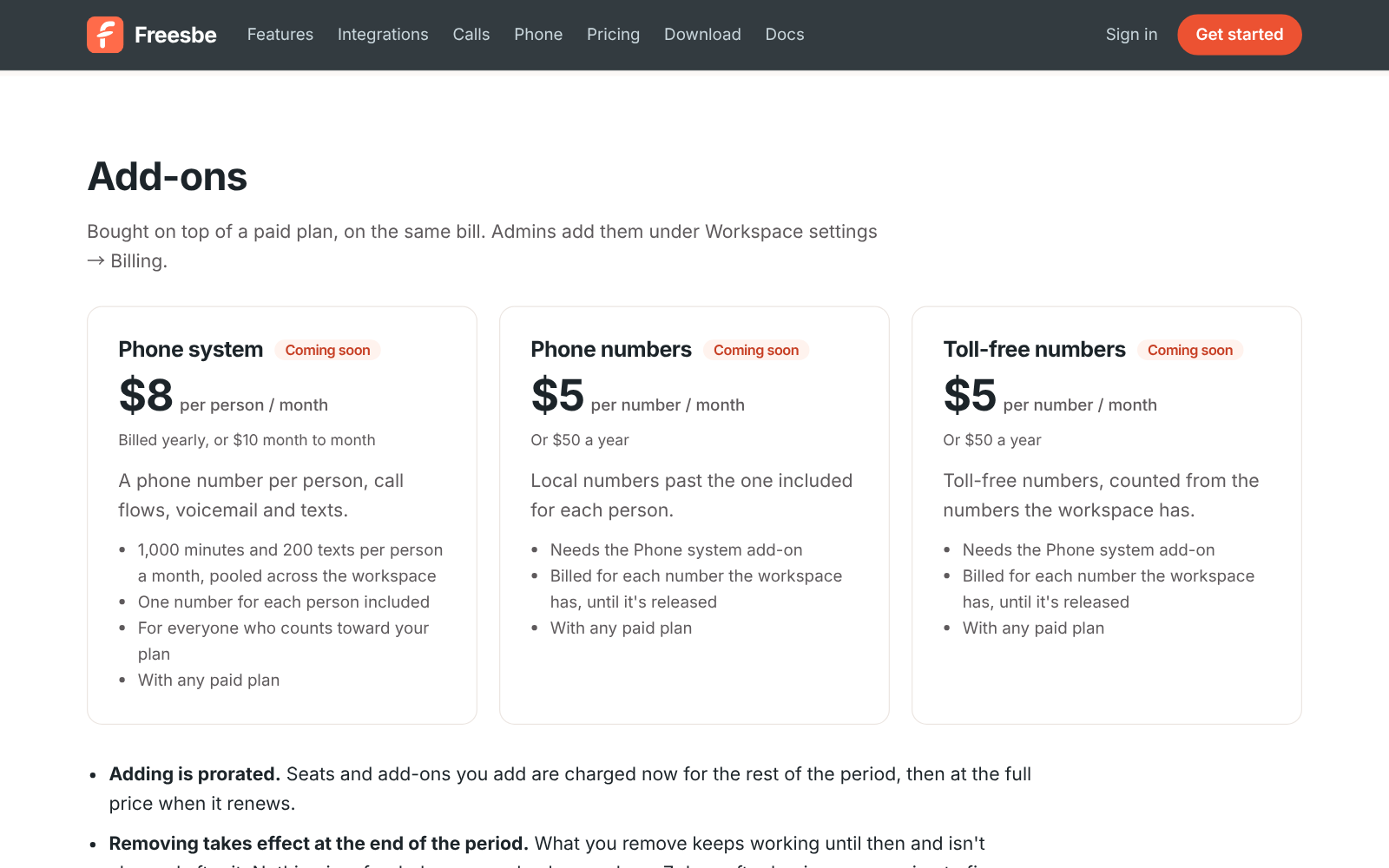 The add-ons on freesbe.net/pricing