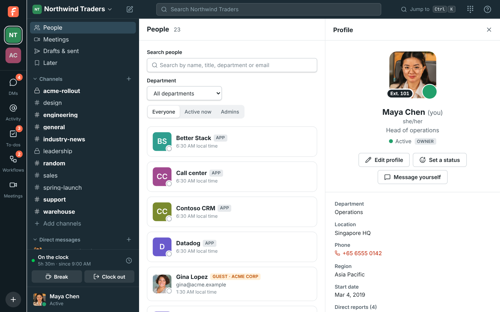 Maya Chen’s own profile with a Message yourself button
