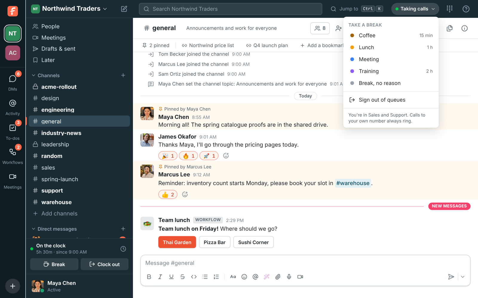 The top bar with Taking calls open: Take a break with Coffee, Lunch, Meeting and Training, each with its time limit, then Break no reason and Sign out of queues