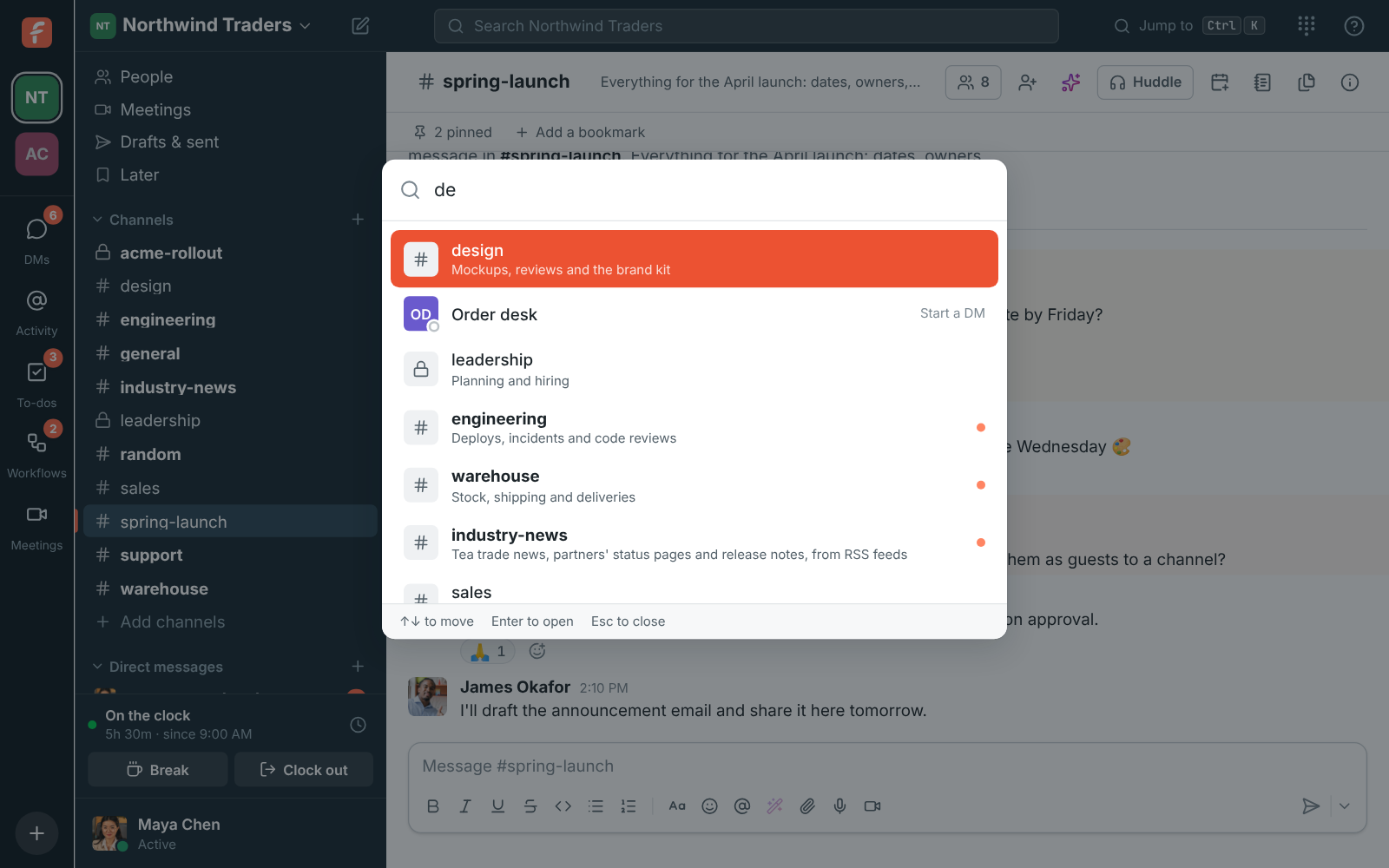 The quick switcher filtering channels and people as you type