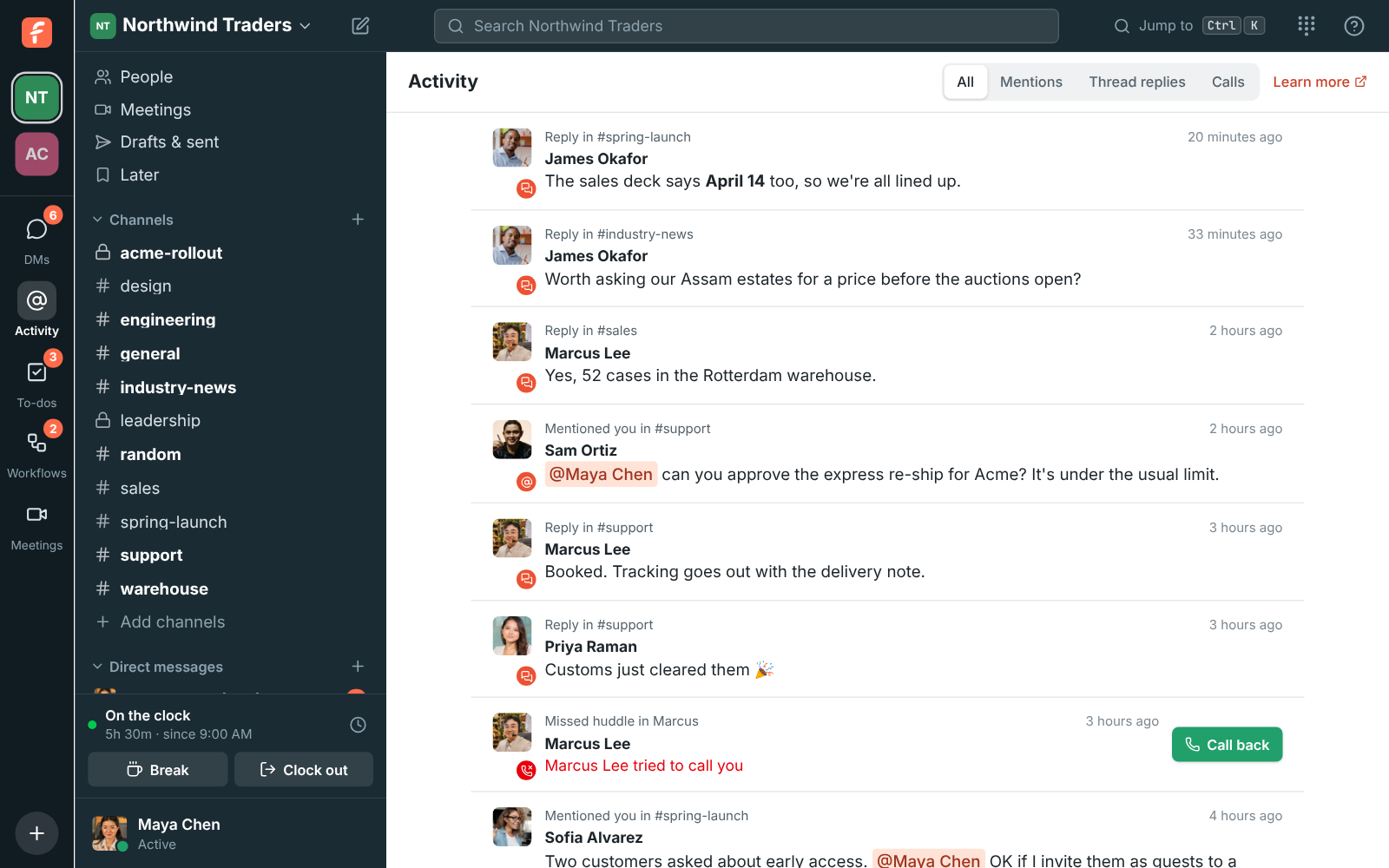 The Activity page with mentions from Sofia, Tom and Marcus and thread replies from Lena, Sofia and Marcus