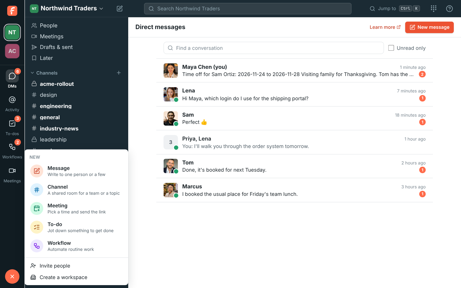 The rail with DMs, Activity, To-dos and Meetings buttons under the workspace, and the Create menu open from the + button