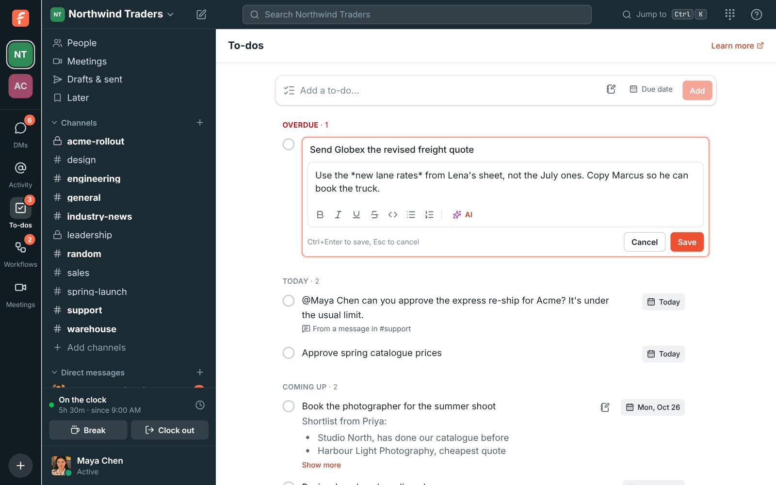 The To-dos page with the editor open on a to-do: the title on top, notes with bold text underneath, and formatting buttons, Cancel and Save