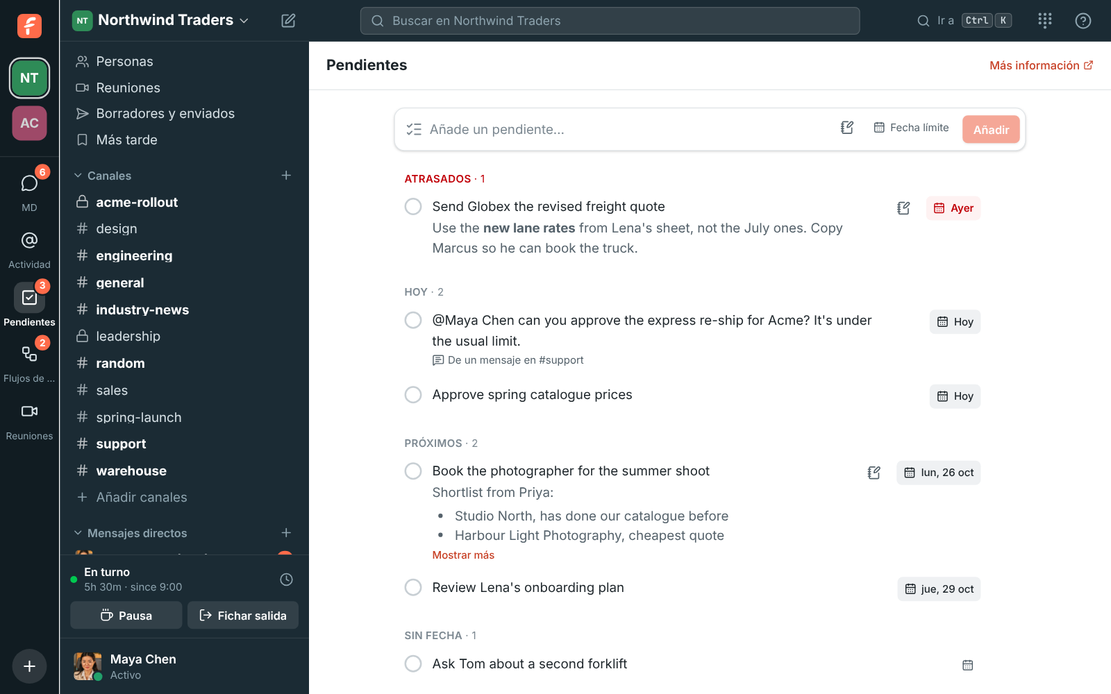 The To-dos page in Spanish