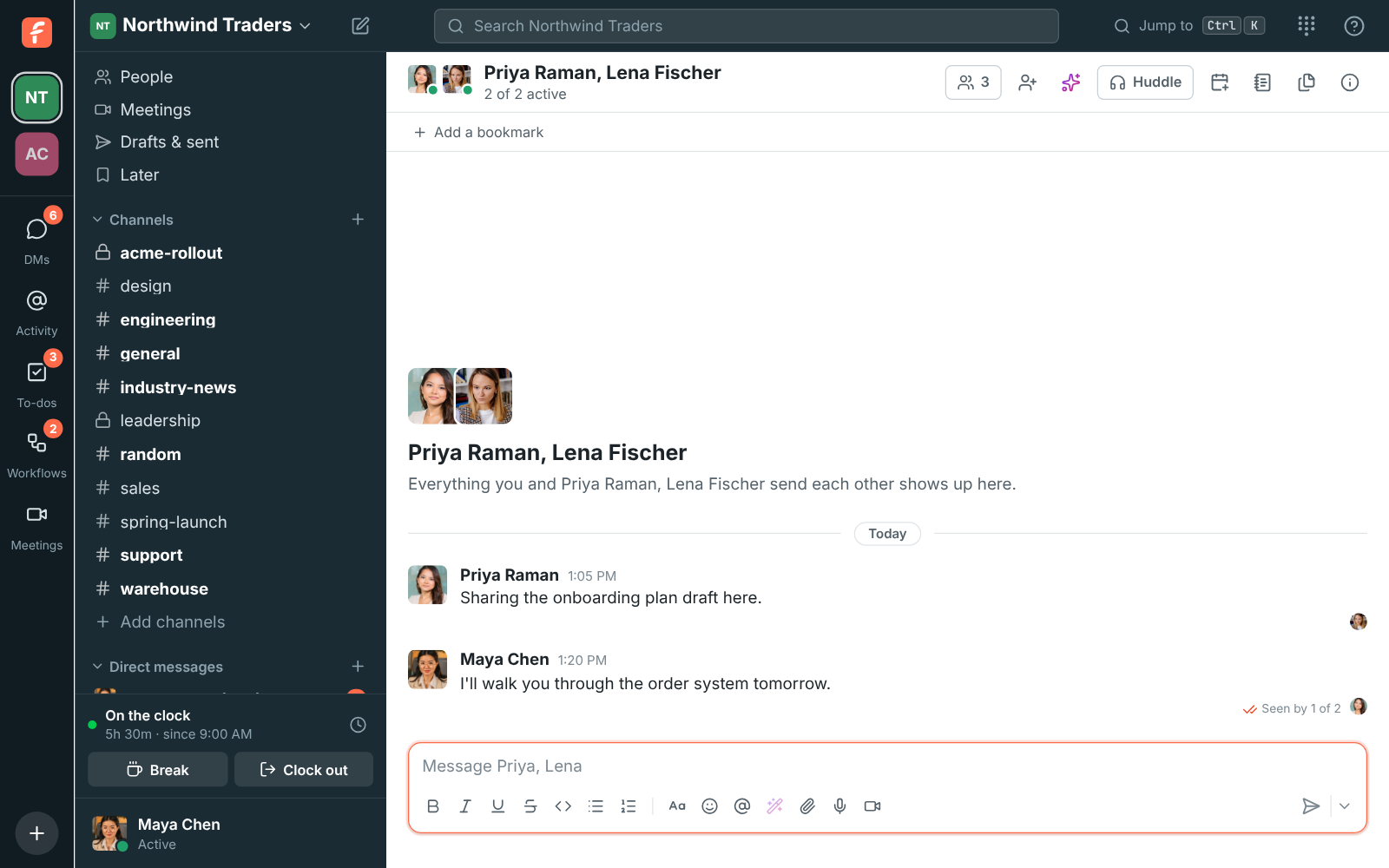 The group DM with Priya and Lena: Lena’s picture under Priya’s message, and Priya’s picture and “Seen by 1 of 2” under Maya’s